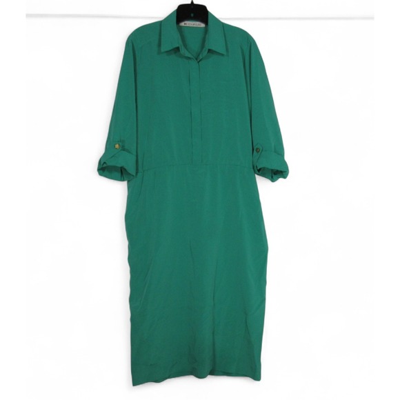 LADY BLAIR Dresses & Skirts - VTG MS CHAUS Green SATIN 1/4 Button ROLL-TAB SLEEVE Midi SHIRT DRESS Sz 12
